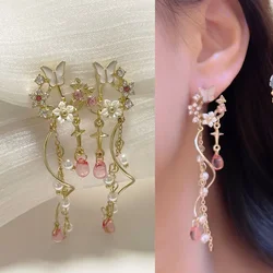 Fashion Summer Daily Ear Clips No Pierced Flower Butterfly Long Tassel Clip on Earrings for Women Party Jewelry Birthday Gift