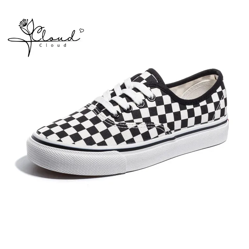 

Black and White Plaid Canvas Women Flat Shoes Korean Version Lace-up Student Casual Shoes Women's Couple Men's Board Shoes