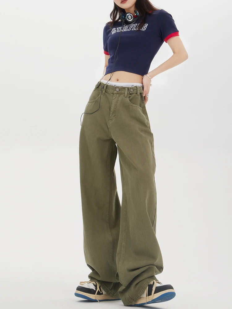 American Vintage Style High Waist Green Jeans Pants Spring Fashion Women\'s Baggy Y2K Wide Leg Denim Trouser Female Clothes