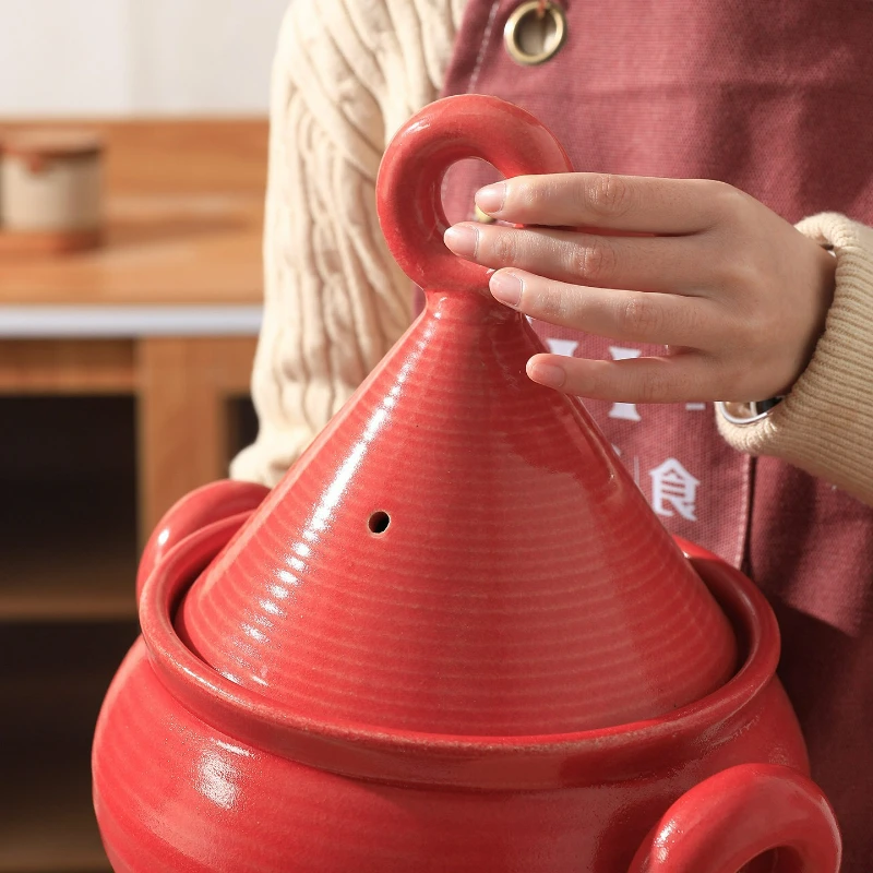 Heat Resistant Ceramic Tagine Pot Red Casserole Dish Clay Stew Pot for Moroccan Nordic Style Home Kitchen Large Cooking Set Lid