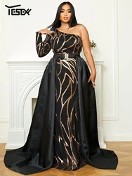Yesexy New Plus Size Cape Flowy Dress One Shoulder Backless Draped Sequin Maxi Prom Dress Evening Dresses