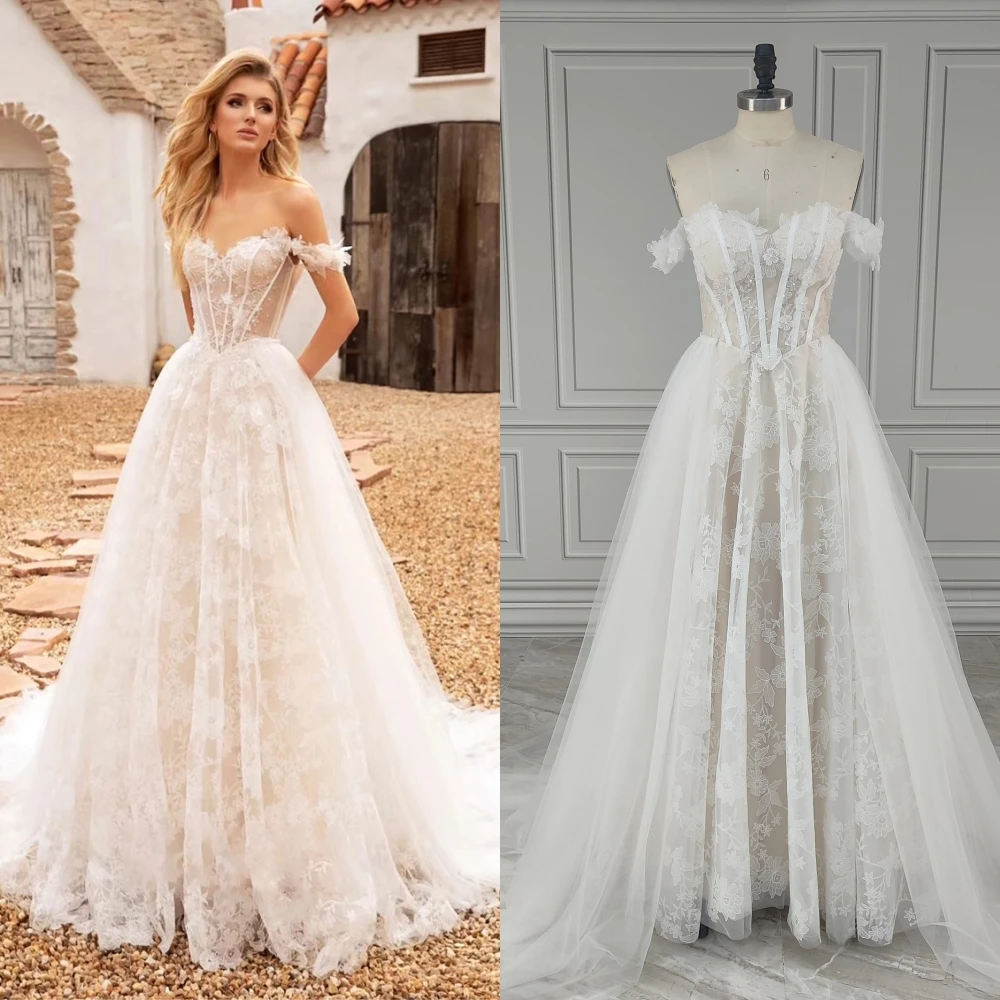 2285 #   Personalizado fora do ombro a linha 3d flores vestido de casamento de renda com apliques de lantejoulas vestido de noiva para mulher feito sob encomenda