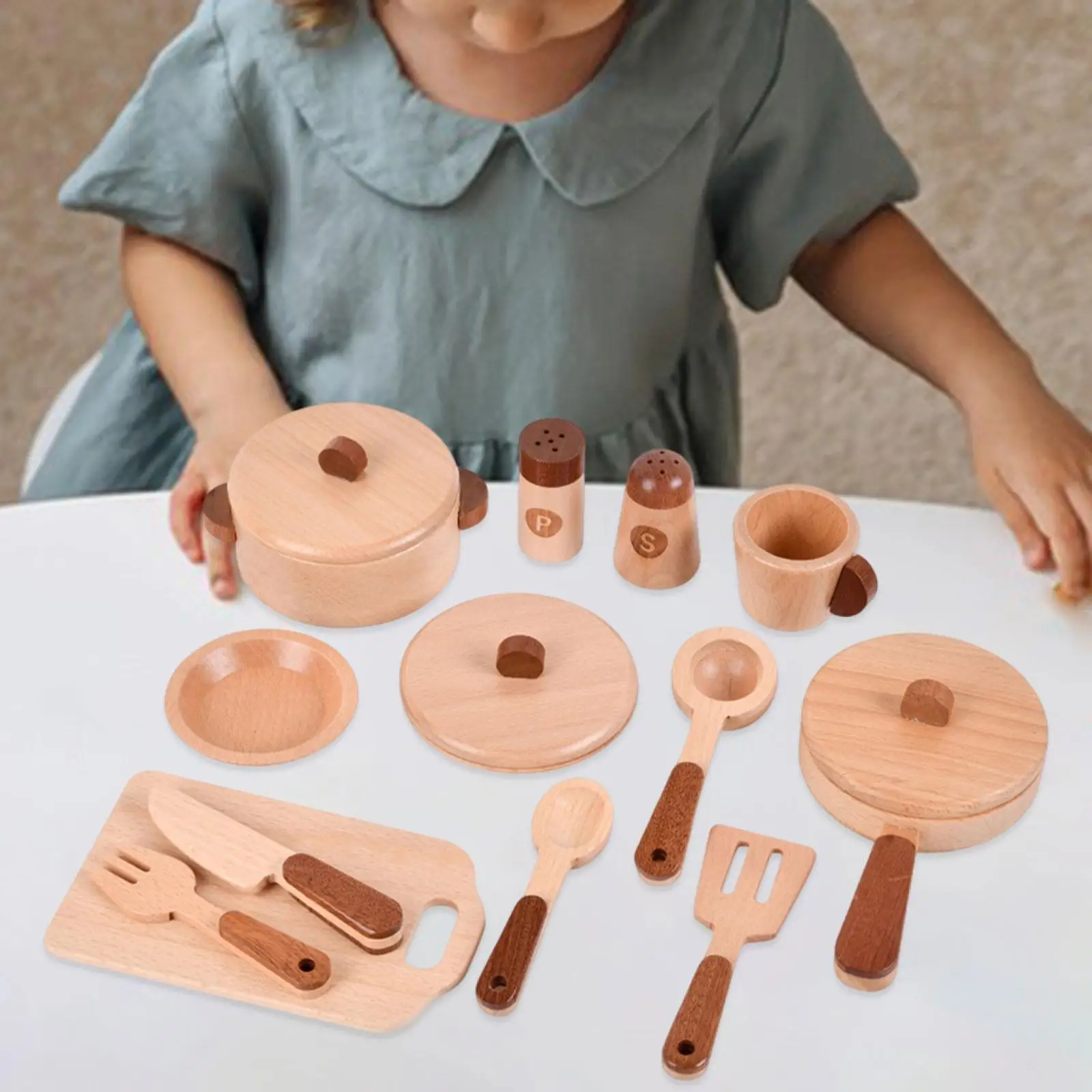 Pretend Play Toy Fun Educational Toy Kitchen Accessories Role Play Toys Wooden Play Cooking Set for Boys Kids 3 4 5 6 7 Year Old