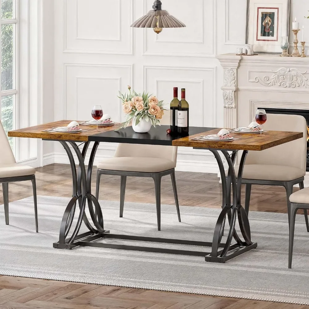 70.3 Large Farmhouse Dining Table for 6-8 People, Rectangular Rustic Brown Kitchen Dining Room Table Industrial Wood Style
