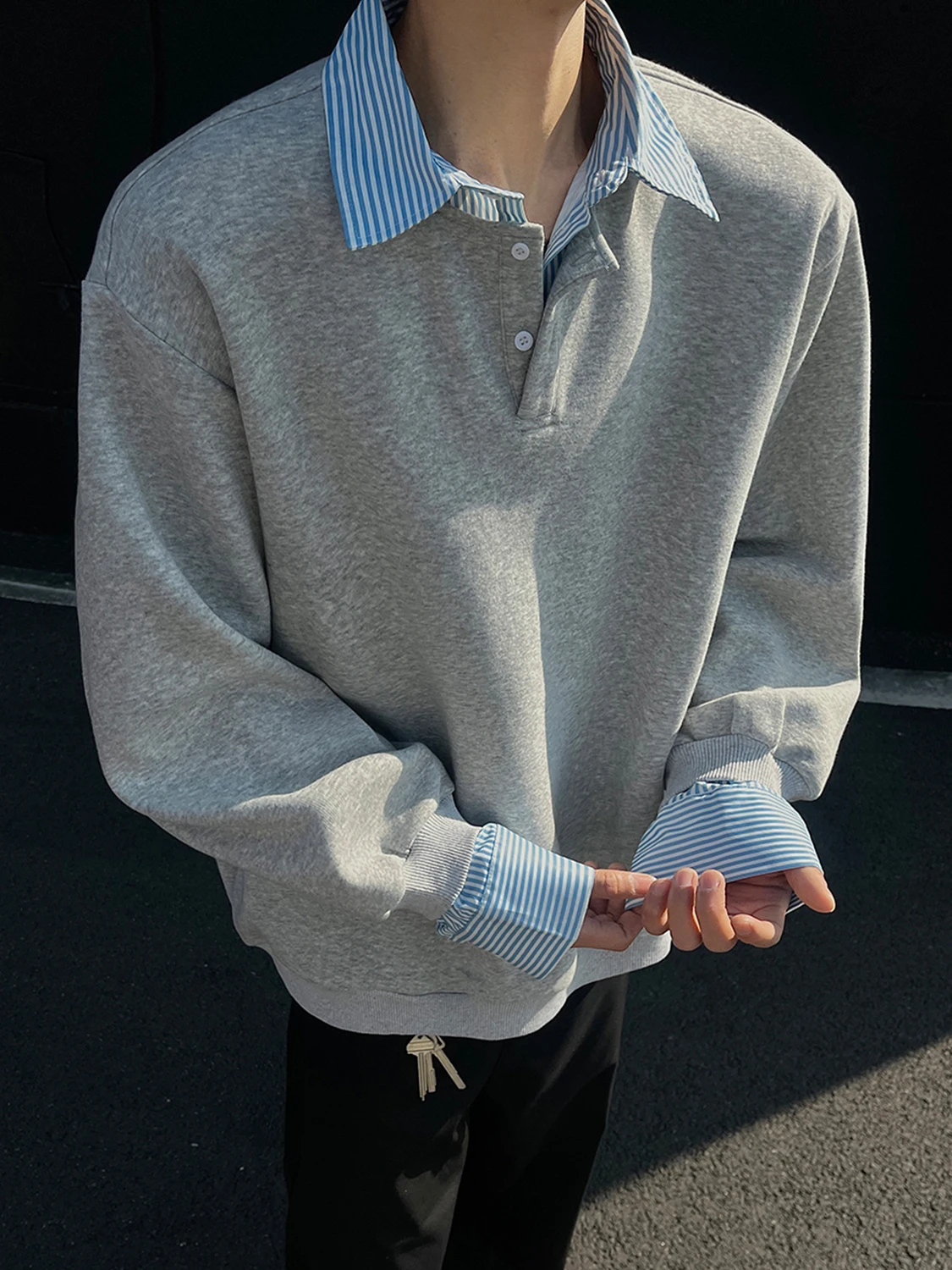 

American High Street Sle Men's Long Sve irt Collar Hoodie Base Layer Inner Wear Spring Autumn Trendy Brand Top