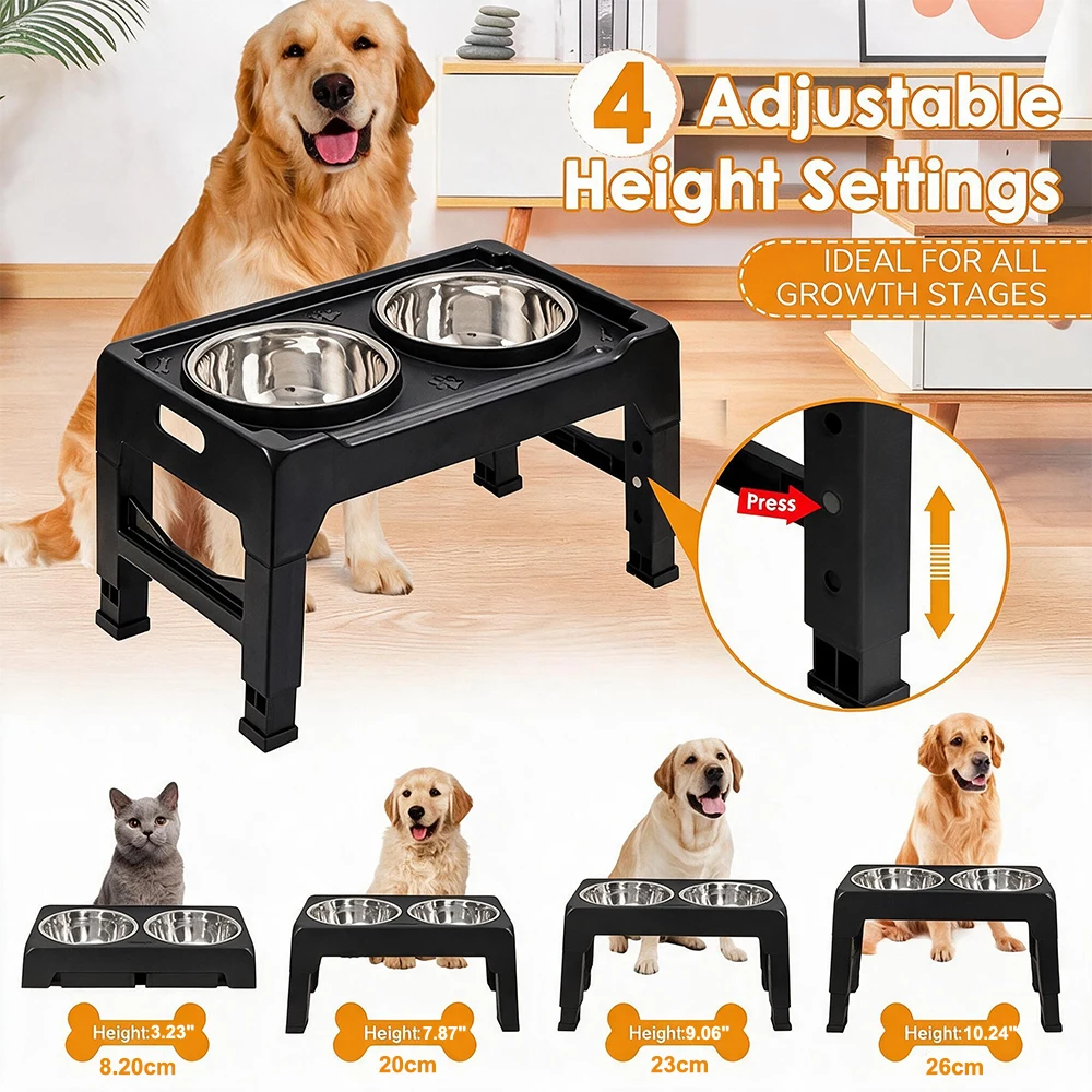 Supporto rialzato per ciotole per cani, con 4 livelli di altezza regolabile, mangiatoia per animali domestici in acciaio inossidabile, doppia ciotola antiscivolo, stazione pieghevole per cibo e acqua,