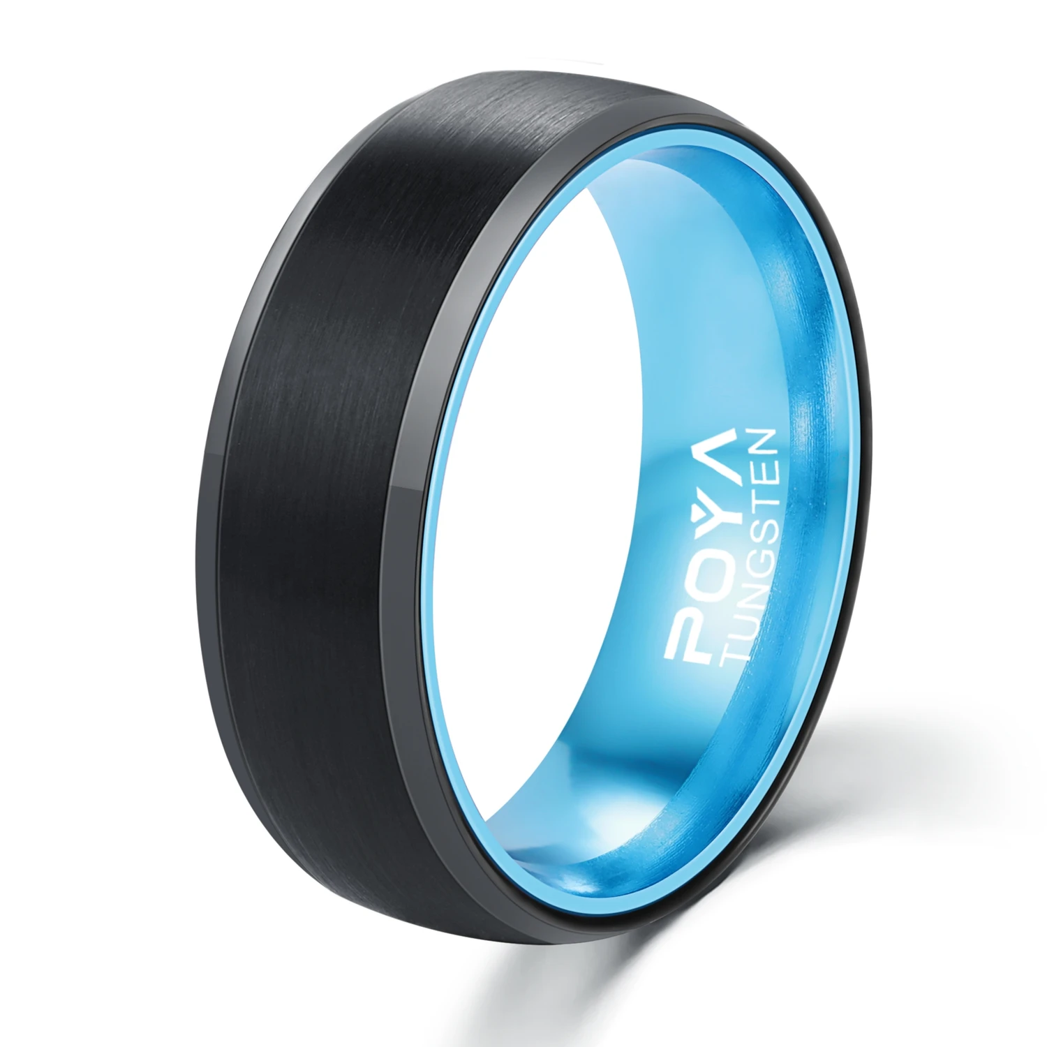 8mm Width Tungsten Dating Ring for Men Women Black Brushed Finishing Beveled Edges Inlay Anodized Blue Aluminum Liner Size 6-14