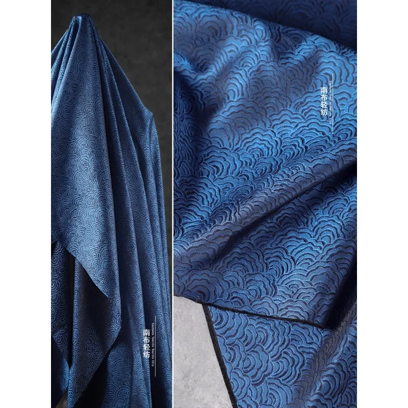 Blue Traditional Water Patterned Jacquard Polyester Fabric Chinese Style Auspicious Cloud New Clothing Designer Fabric