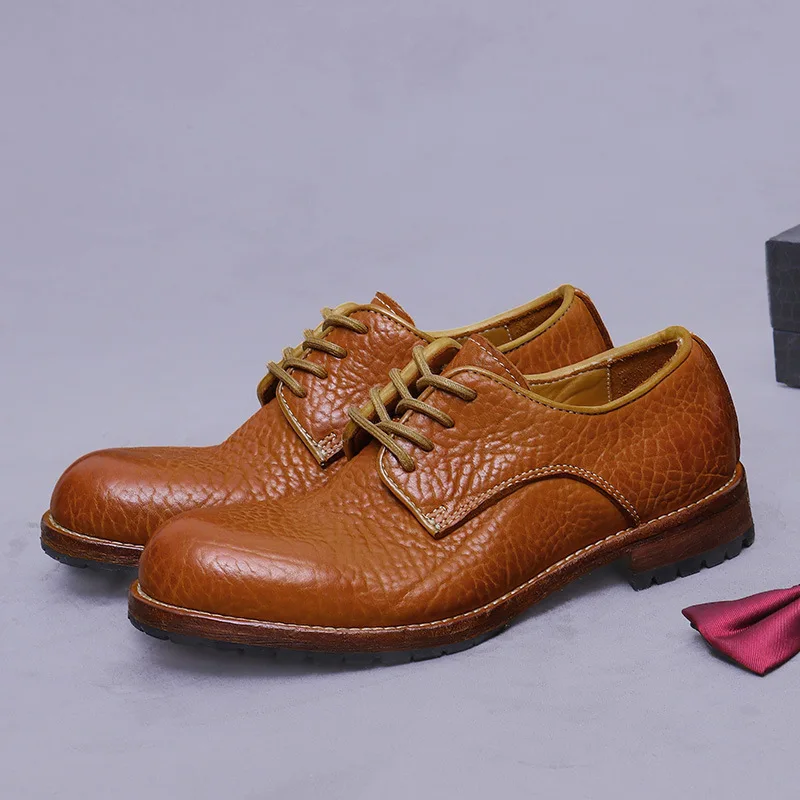 Genuine Leather Derby Shoes Full Grain Textured Upper Hand Stitched Lace Up Round Toe Thick Rubber Sole Vintage Daily Footwear