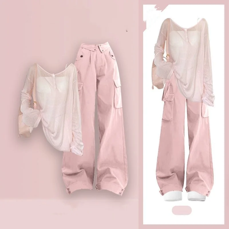Women's Summer Thin Sunscreen Shirts Sling Cargo Pants Three Piece Set 2025 New Lady Pink Trousers Tops Vest Outfits