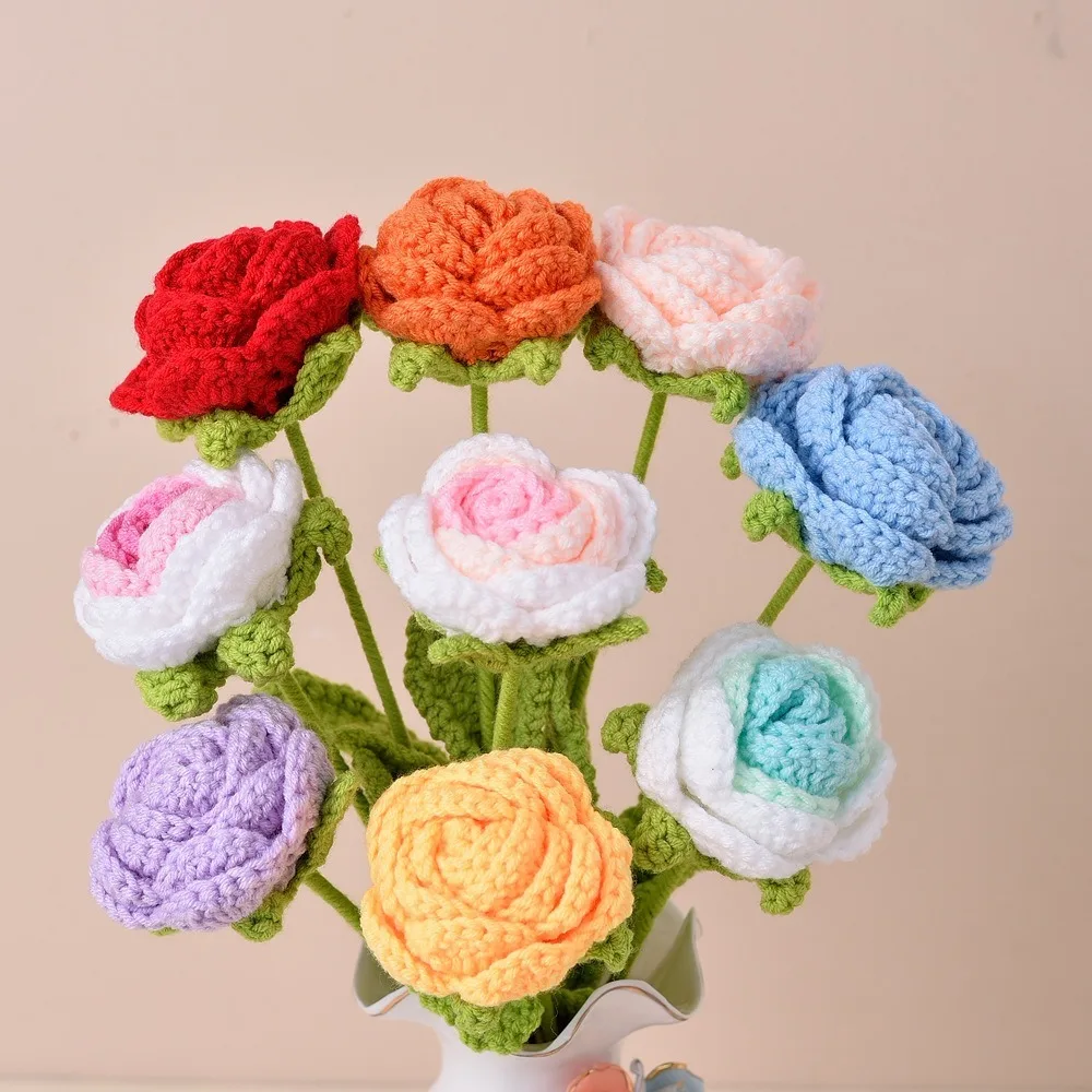

Finished Knitting Rose Woven Handmade Braided Fake Flowers Flowers Bouquet Gradient Crochet Bouquet Decoration