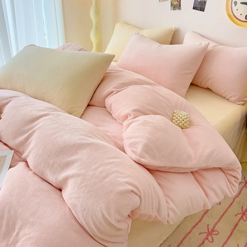 1/3/4pcs Winter Duvet Cover or Bed Set Flannel Velvet Home Linens Warmth Coral Fleece Plush Candy Solid Color Adult Bedding 2024