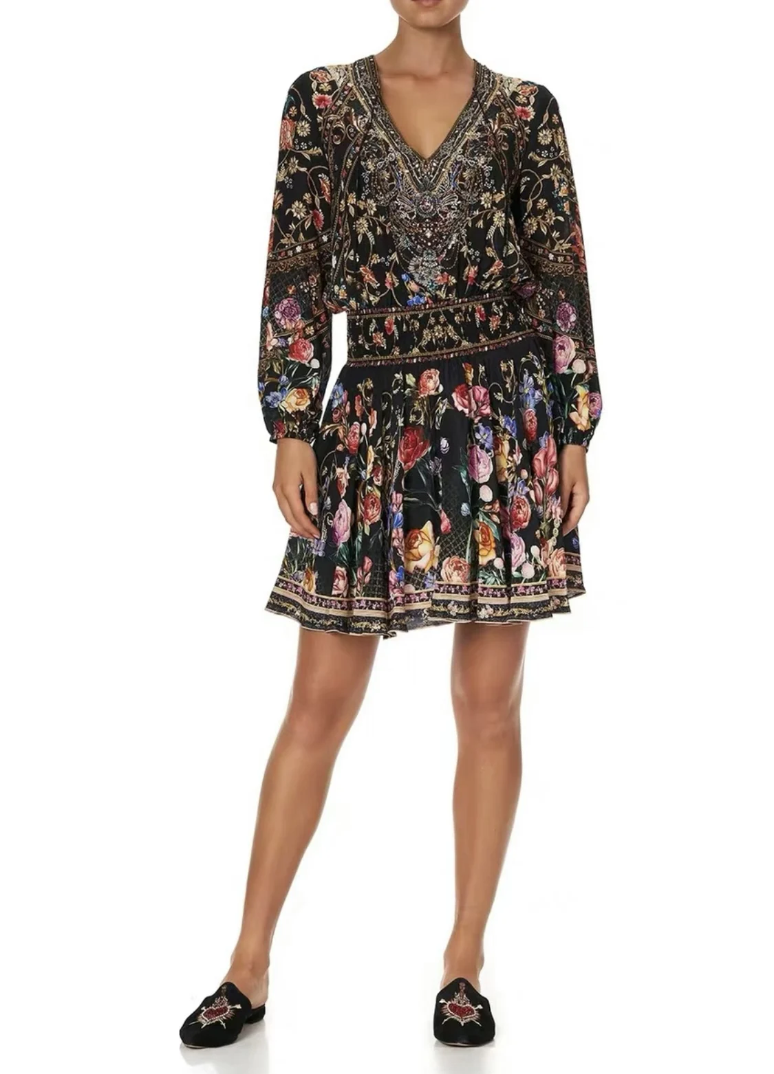 

Women Silk V Neck Heavy Beaded Dress Retro Black Flower Digital Print Elastic Waist Mini dress