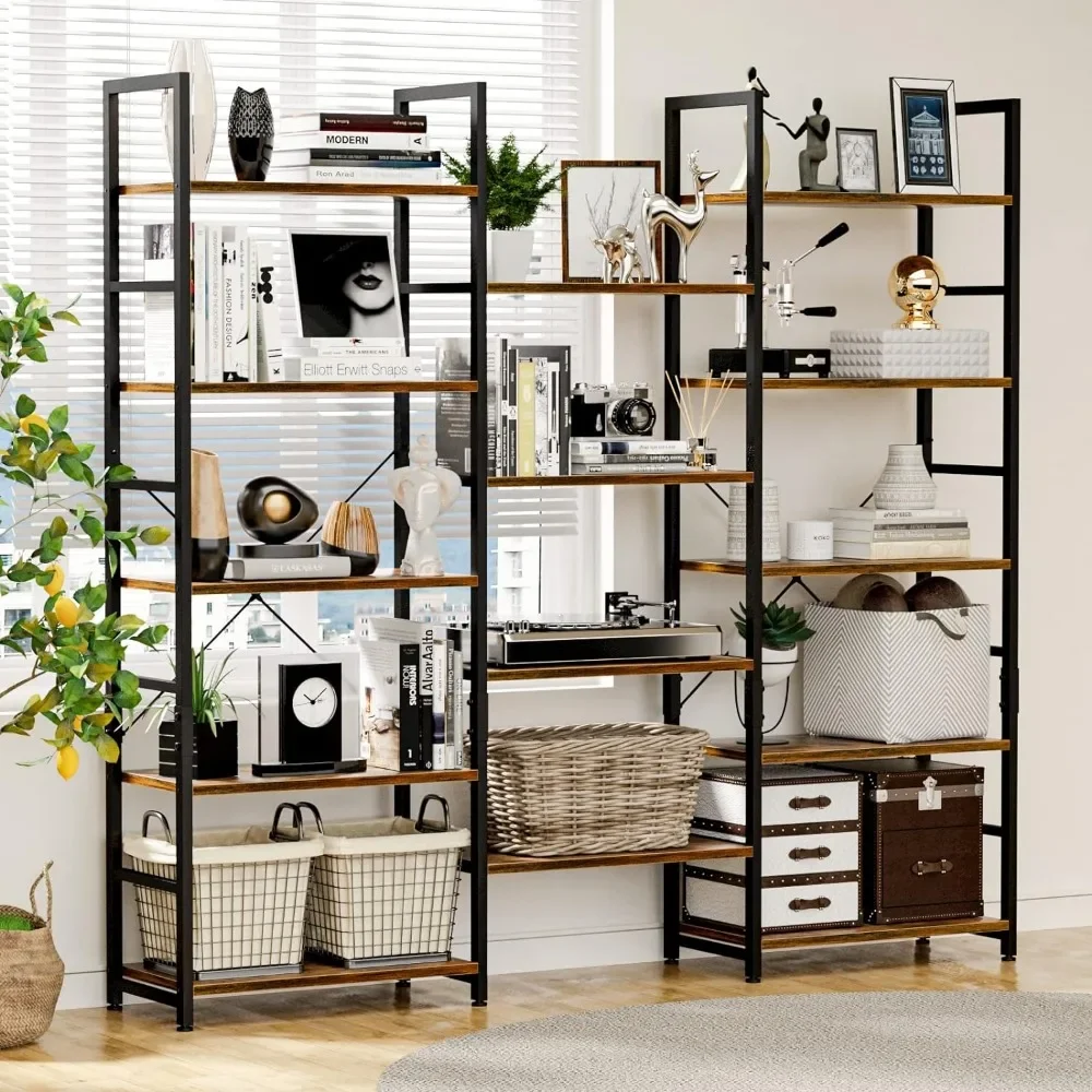 Triple Wide 5 Tier Bookshelf Rustic Industrial Style Bookcases With 14 Open Display Shelves Wall Shelf Storage Bookcase Books