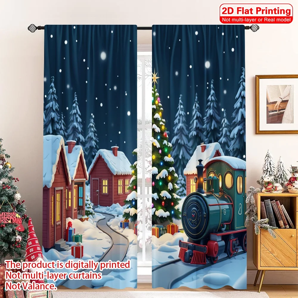 

2pcs 2D flat printing Merry Christmas Popular Window Curtains Christmas Village Train Tree Polyester Without Electricity Party &