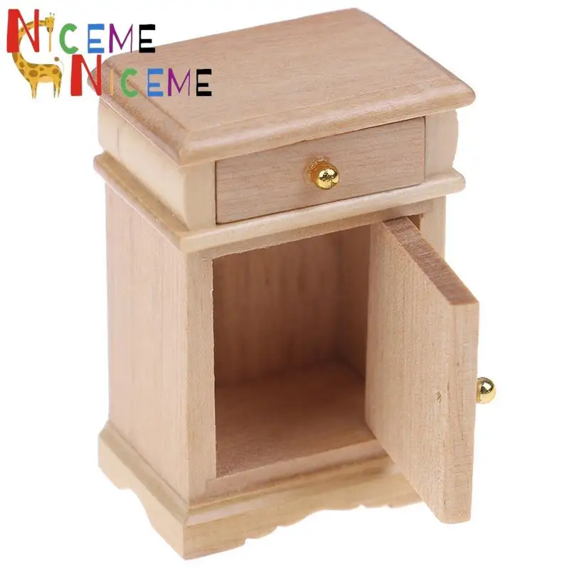 1:12 Scale Dollhouse Miniature Furniture Bedroom Decoration Set Unpainted Wood Color Bedside Table Cabinet