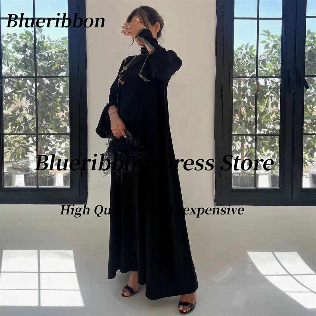 Blueribbon-Vestido de baile frisado gola alta feminino saudita, mangas compridas, vestidos de festa, preto, 2022