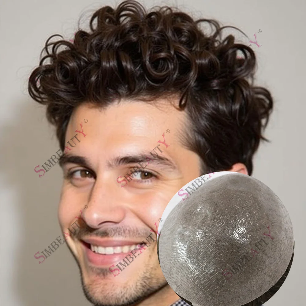 

Durable Thin Skin 24mm Curly Wave Natural Human Hair Men's Toupee Dark Brown 0.06mm Full PU Vloop Prosthesis Replacement System