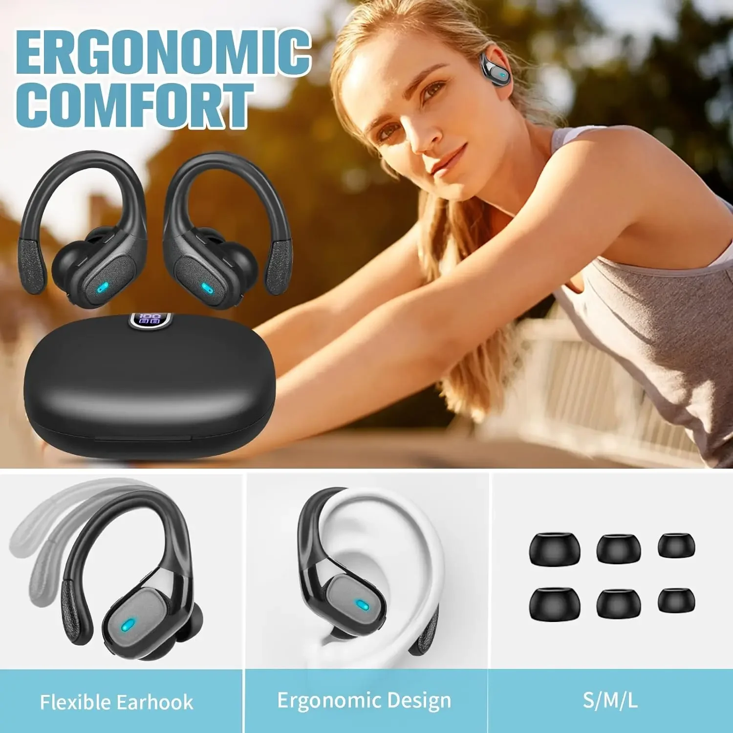 TWS Bluetooth Earphones With Microphones Sport Ear Hook LED Display Wireless Headphones HiFi Stereo Earbuds Waterproof Headsets