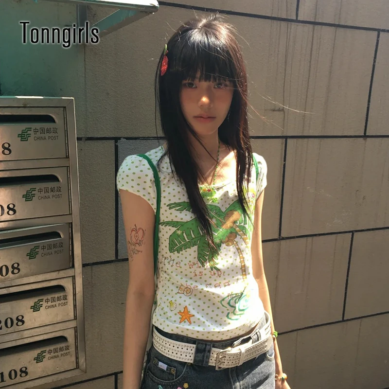 

Tonngirls Y2k Japanese T-shirt Women Short Sleeve Print Graphic Tops Streetwear 2000s Aesthetic Crop Tops Vintage Tshirts Summer