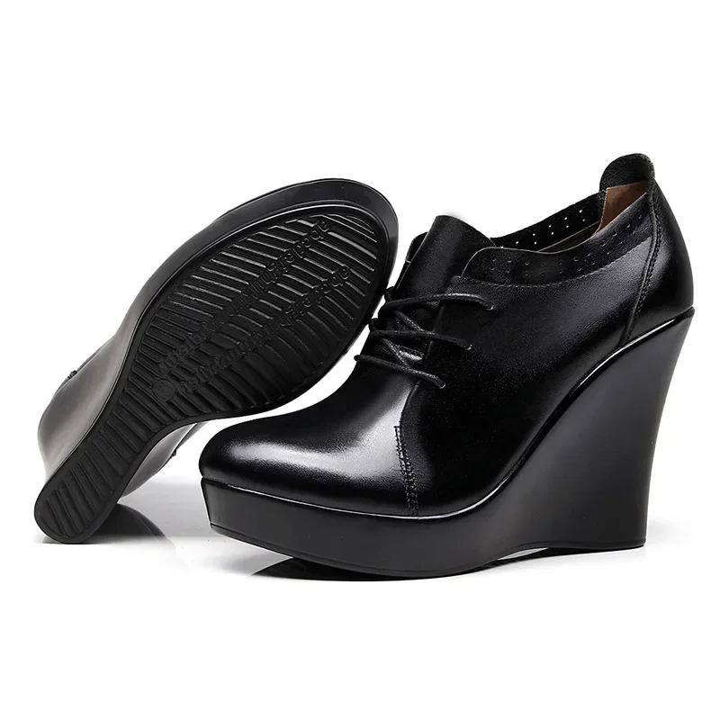 TIMETANGLace Up Wedges Shoes for Women Autumn Platform Pumps Woman High Heels Black Ladies Office Shoes Plus Size35-41E1293