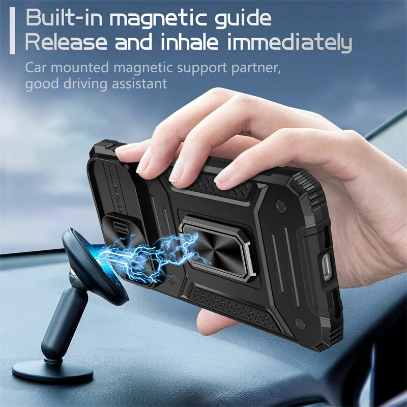 Magnetic Holder Ring Shockproof Armor Case For iPhone 15 Pro Max Slide Lens Protection Cover For iPhone15 iPhone 15 Plus + Funda