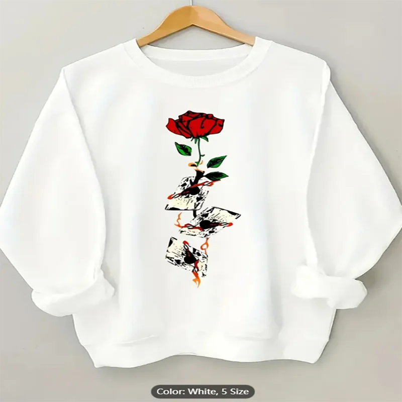 

Женский белый свитшот с графическим принтом розы, повседневный пуловер большого размера, топ для любителей готического стиля, удобный крой из чистого хлопка
