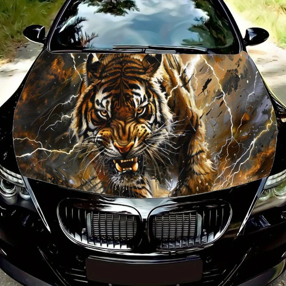 Fierce Tiger Reveals Sharp Teeth Lightning Car Hood Wrap Color Vinyl Sticker Truck Graphic Bonnet Auto Accessories Decor Decal