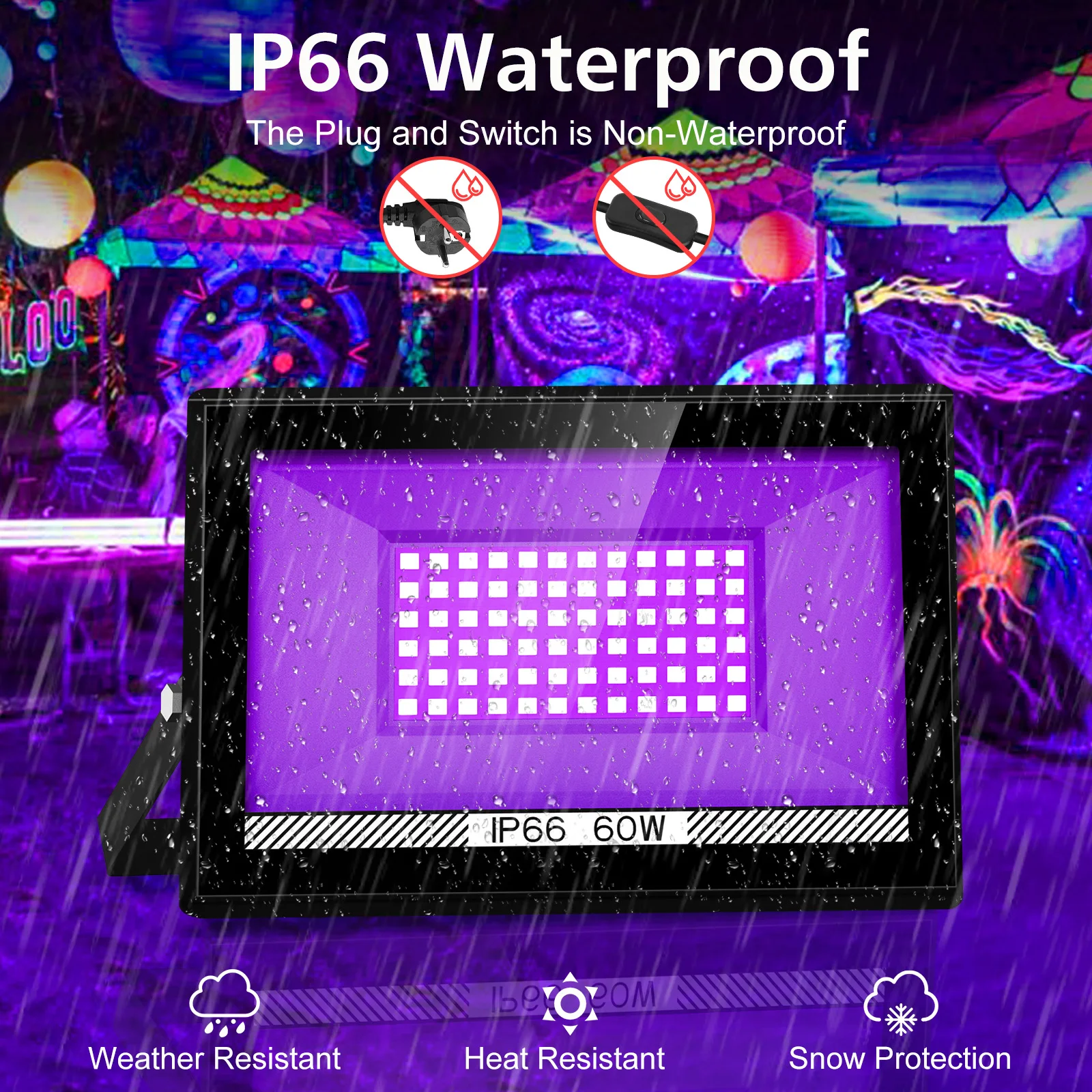 30W/60W EU/US/UK Plug UV Black Lights IP66 Stage Blacklight Ultraviolet Flood Effect Light for Halloween Xmas Dance Disco Party