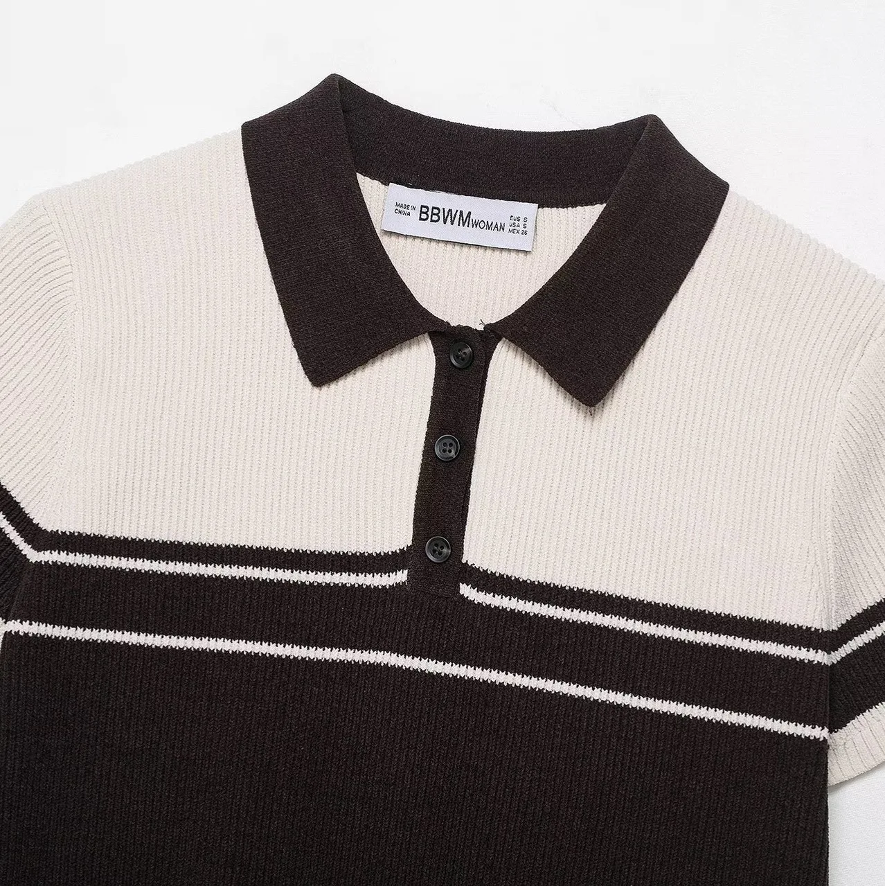 เสื้อโปโลแขนสั้นสไตล์ยุโรป ลายทาง หลวมๆ  แบบถัก  เสื้อผ้าผู้หญิง  เสื้อยืดแขนสั้น  แบบต่อผ้า  เสื้อถักไหมพรมผู้หญิง