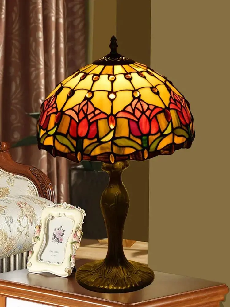 Lampa stołowa w stylu Tiffany, tulipan amerykański, 30 cm, witrażowa, artystyczna, prezent, do salonu, lampka nocna do karmienia, rustykalna, 110V 220V — 2