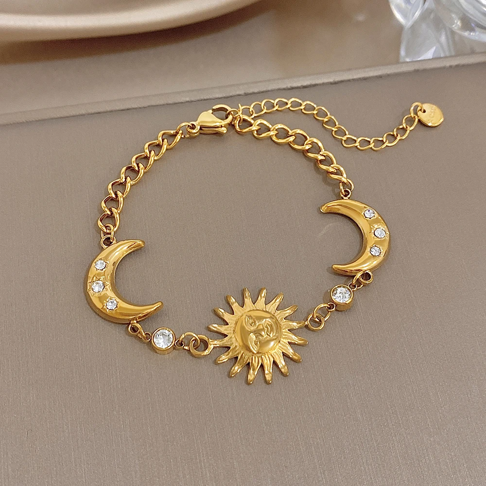 Freetry Trendy Embossed Sun Moon Stainless Steel Bangle for Women Zircon Inlaid Golden Waterproof Bracelet Party Jewelry Gift