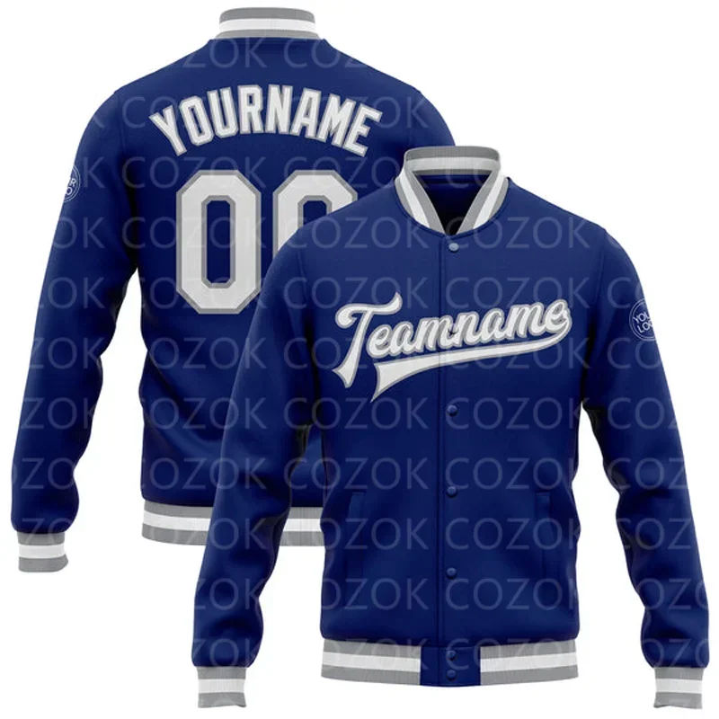 Custom Blue 3D Printed Baseball Button Jacket Bomber Full-Snap Varsity Letterman Jacket