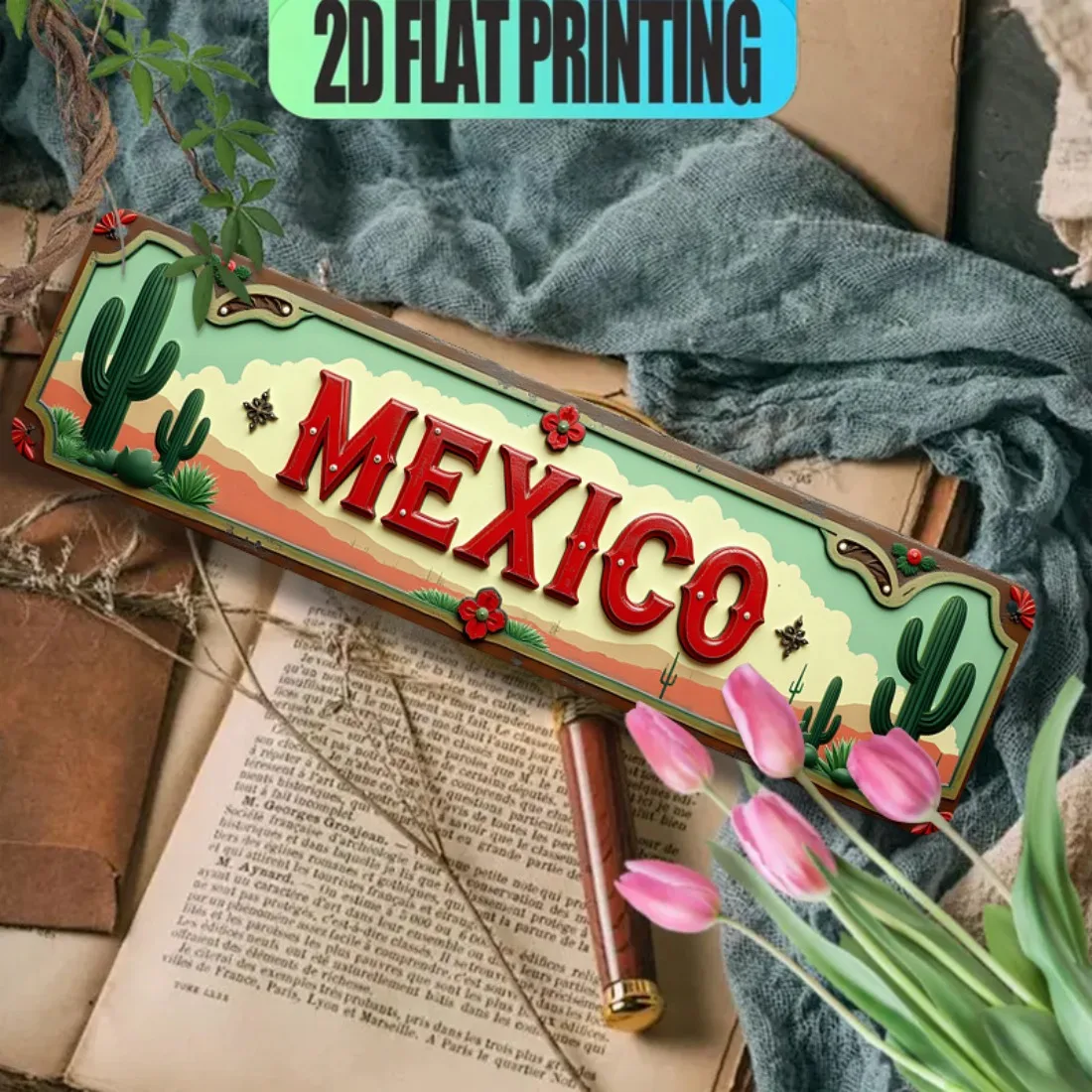 Mexican Vintage Metal Sign 2D Flat Wall Decor Pre-Drilled Hole Art Plaque for Home Bar Garage Holiday Gift Mexican Vintage 2D F