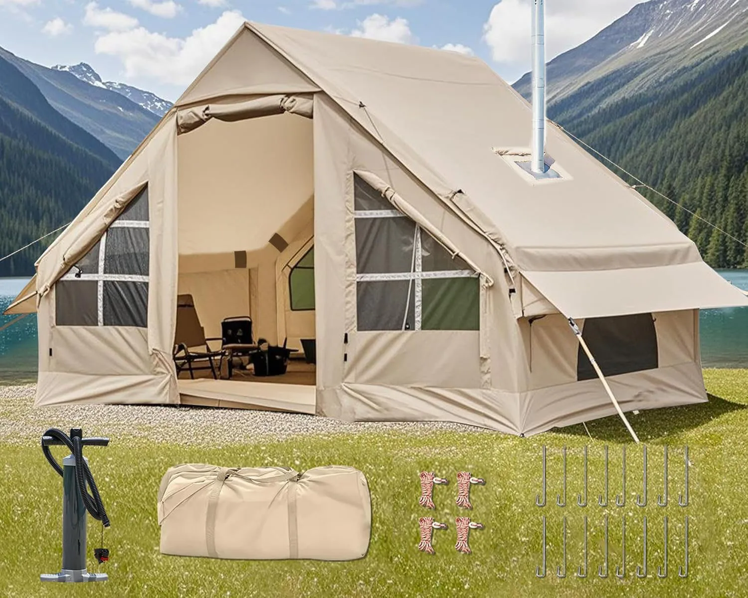 

Надувная палатка на 4-6 человек - быстросборная пневматическая палатка с отверстием для дымохода, Оксфорд 420D (PU2000), пневмоподопрыжники 15 см, 2 двери и окна