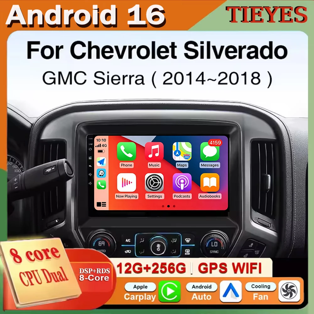 For Chevrolet Silverado 3 GMTK2 2014-2018 Android 16 Carplay Auto Screen Car Radio Multimedia Player Autoradio Stereo 2din Head