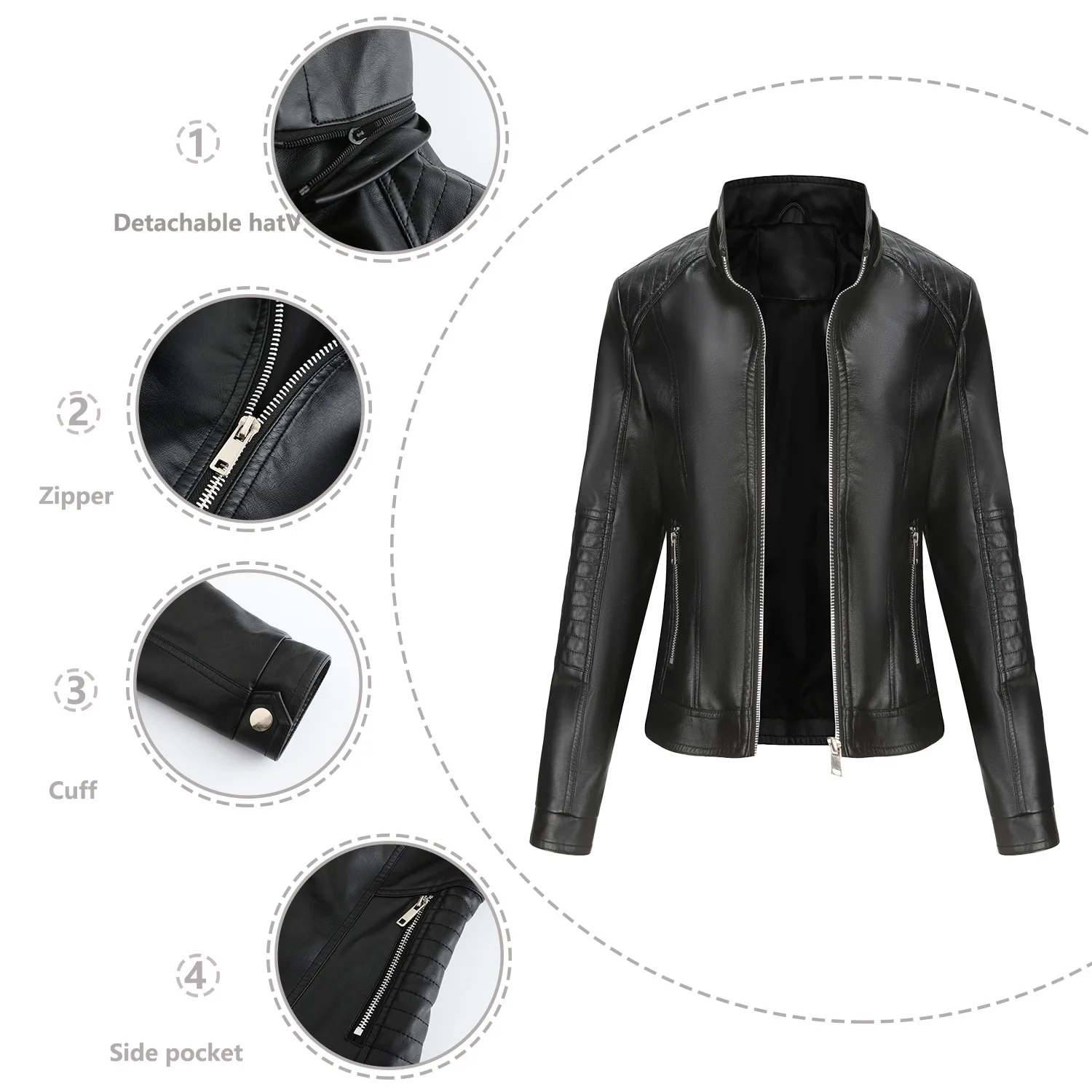 Women's Hooded Leather Coat with Detachable Hat, Windproof Motorcycle Coat, Short Casual Jacket, Spring and Autumn