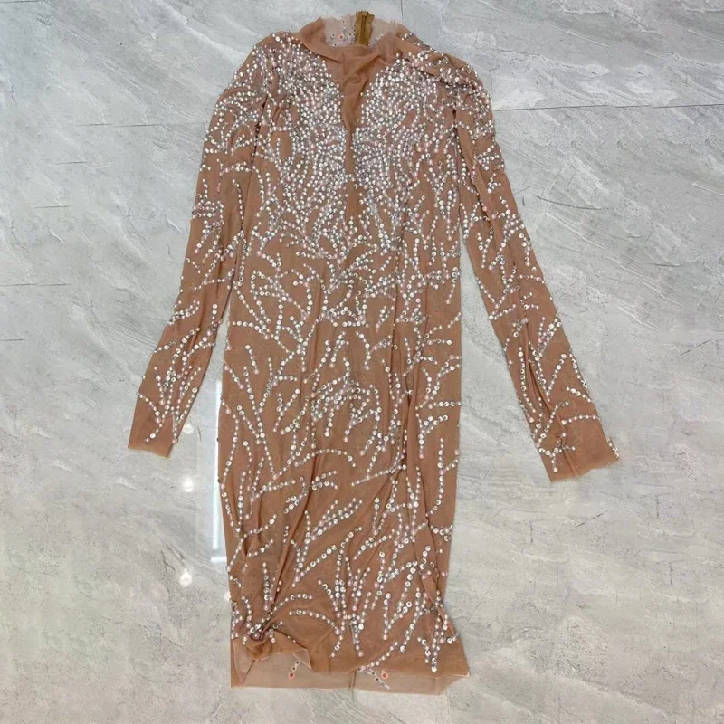 Sexy Perspective Mesh Party Dress Women Pearls Rhinestones Dress Birthday Celebrate Costume Stage Evening Dresses Outfit YY