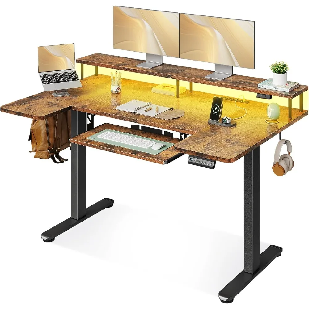 

U Shaped Electric Standing Desk with Keyboard Tray,55 Inch Height Adjustable Desk with Power Outlets &LED Lights,Sit Stand Table