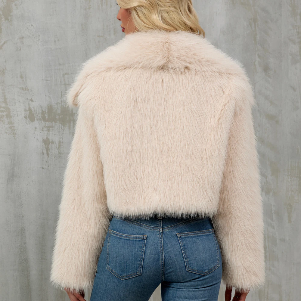 Modny damski krótki płaszcz ze sztucznego futra lisa, pluszowy płaszcz futrzany z długim rękawem, szeroki kołnierz, zimowe kurtki ze sztucznego futra.