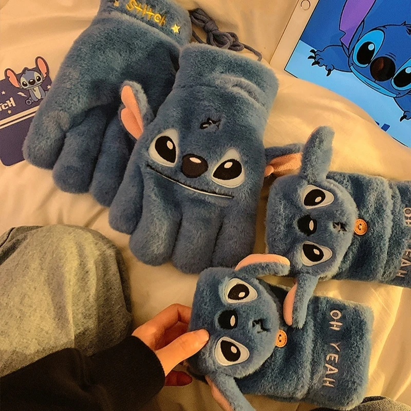 MINISO Stitch Half Finger Flip Up Plush Glove For Women In Winter Warm Thick Plush Cute Student Writing Cold Proof Birthday Gift