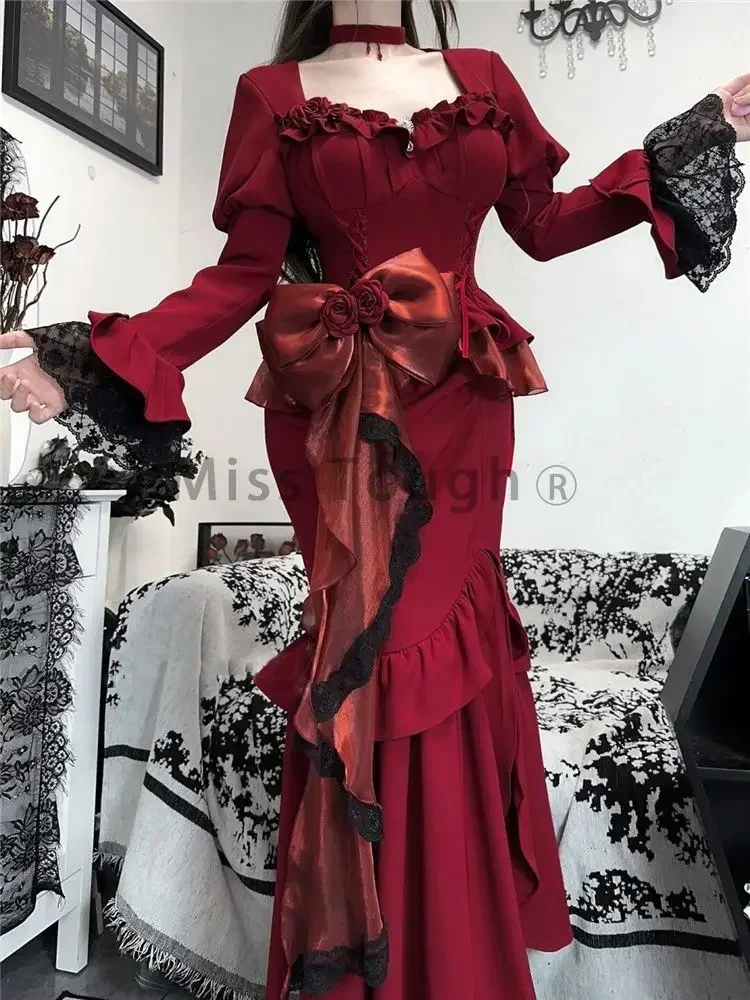 Autumn Red Vintage Dress Women Lace French Retro Elegant Evening Party Dress Female Long Sleeve Chic Midi Dress Halloween 2024