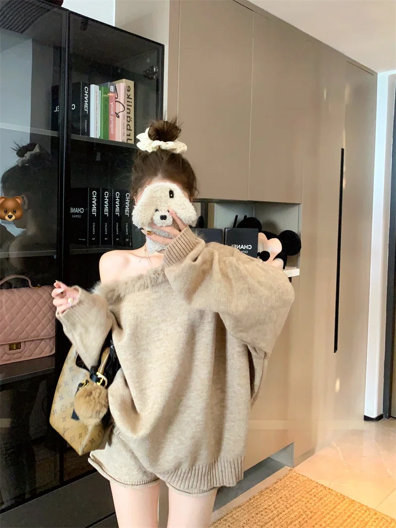 

Khaki Set Vintage Fur Collar Asymmetrical Shoulder Long Sleeve Knitted Sweater Casual High Waist Straight Leg Short Pants Wom...