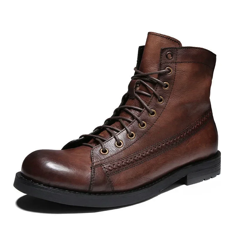 Botas Retro hechas a mano para hombre, Botines de cuero con punta pulida, Zapatos altos informales, botines de plataforma para motocicleta, novedad