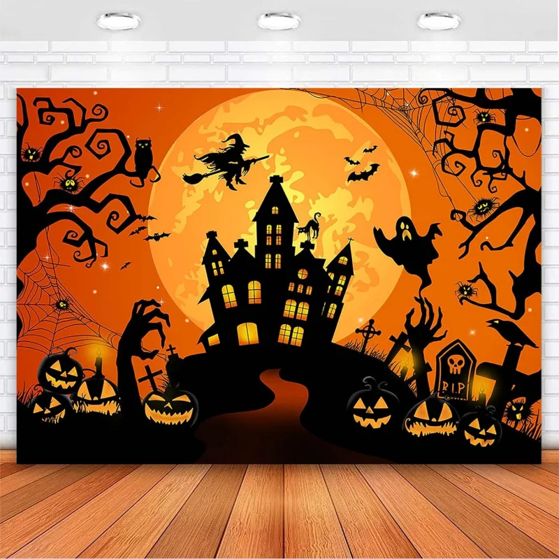 

Horror moon night halloween background party haunted castle scary pumpkin lantern witch