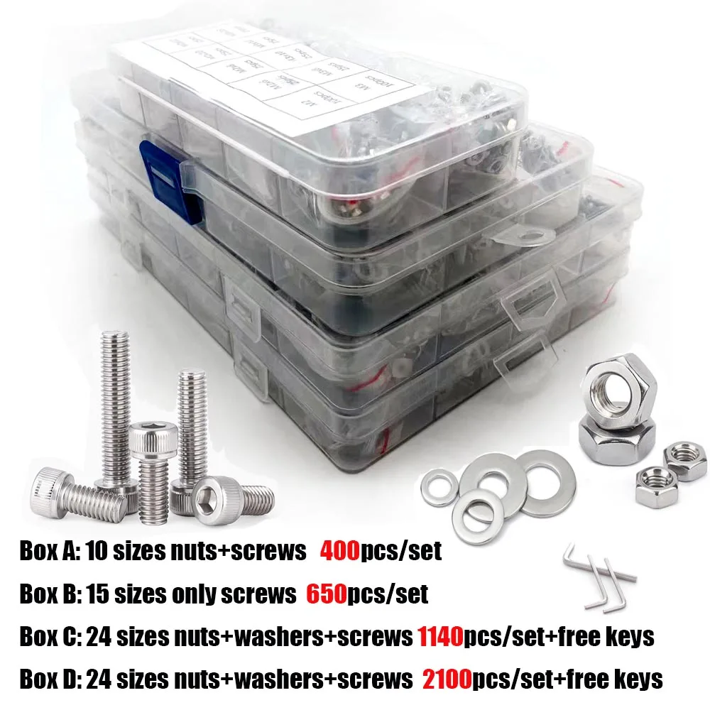 kit-de-parafusos-e-porcas-sextavados-em-aco-inoxidavel-304-din912-400-2100-pecas--m16-m2-m25-m3-m4-m5-sortimento-em-caixa