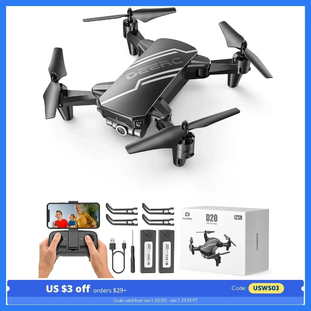 DEERC D20 Kids Drone: Foldable, HD Camera, FPV, Gesture Ctrl, Altitude Hold, 3D, Headless,C0.