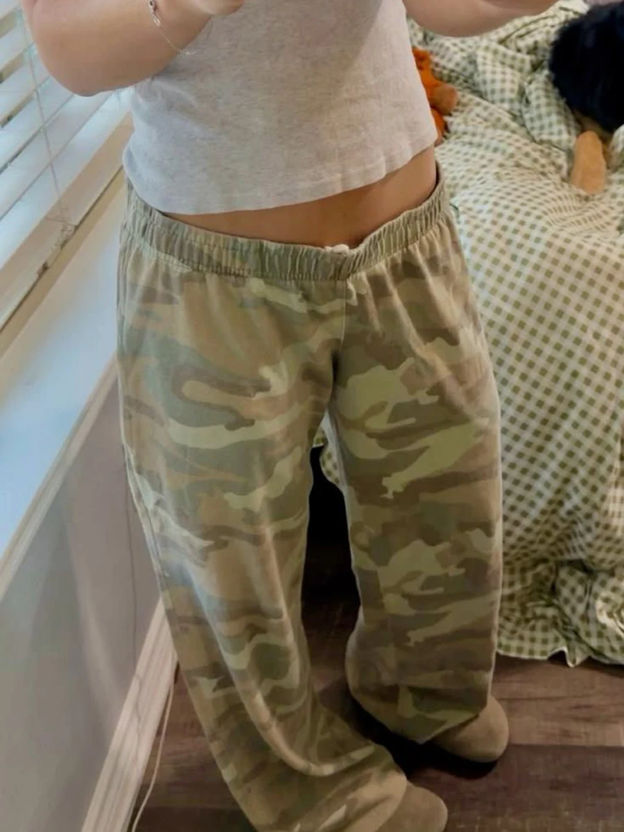 Camouflage Jogginghose mit Kordelzug für Damen, Sommer, elastische Taille, gerade Hose, amerikanische Vintage Streetwear, Baumwolle, Baggy Pants, Y2k – Detail 10