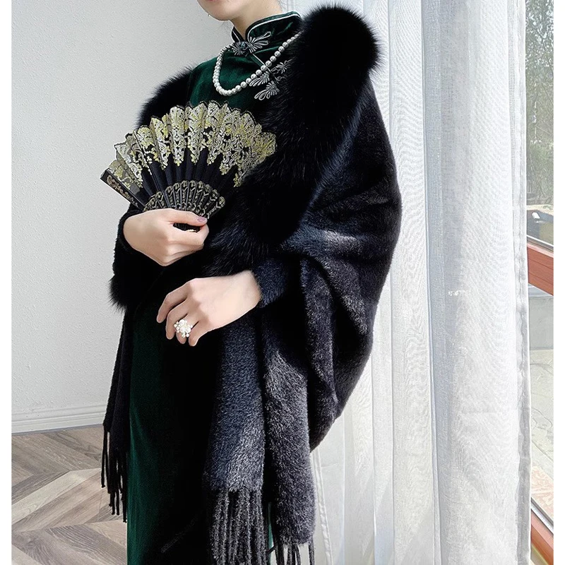 Fashion Imitate Mink Faux Fox Fur Cape Coat Autumn Winter Women Party Dress Wraps Shawl Cloak Cardigan Pure Colors