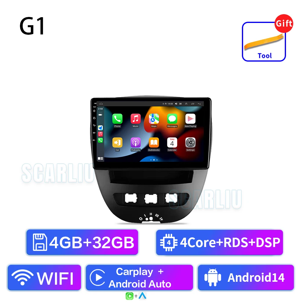 SCARLIU For Peugeot 107 Toyota Aygo Citroen C1 2005-2014 Multimedia autoradio WIFI Wireless Carplay Android Auto Car Radio